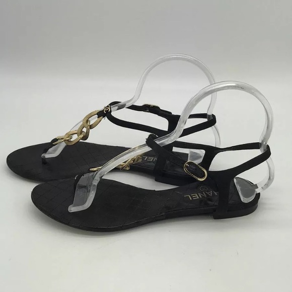 Chanel Black Quilted Gold Chain Sandals 38 - Picture 3 of 5